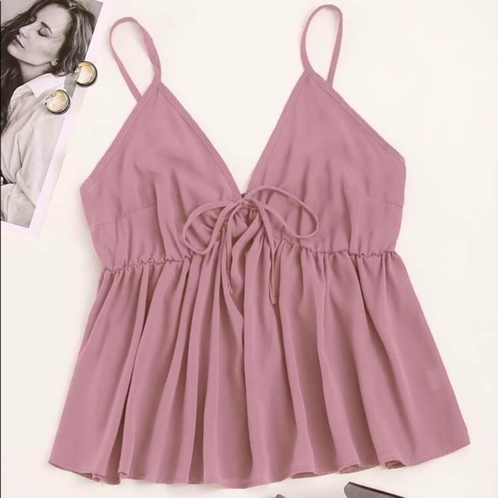 SHEIN Solid Guava color Shirred Knot Peplum Cami XXL Adjustable Straps “V” Front